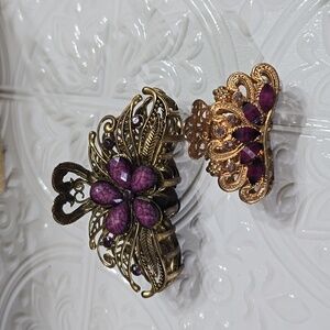 Hair Clips Antique Gold Purple Flower and Small Rosegold Ornate Set of 2